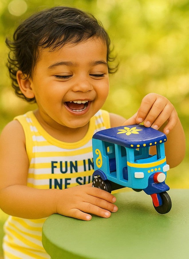Toolart® Wooden Handcrafted Hand-Painted Auto Rickshaw Toy for Kids | Traditional Push & Pull Wooden Toy Showpiece | Best Birthday Return Gift (Small_Auto_Parent) (05r) - Image 2